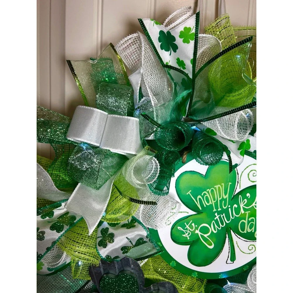 Handmade Happy St. Patrick’s Day Ribbon Prelit Wreath 22 ins LED W11